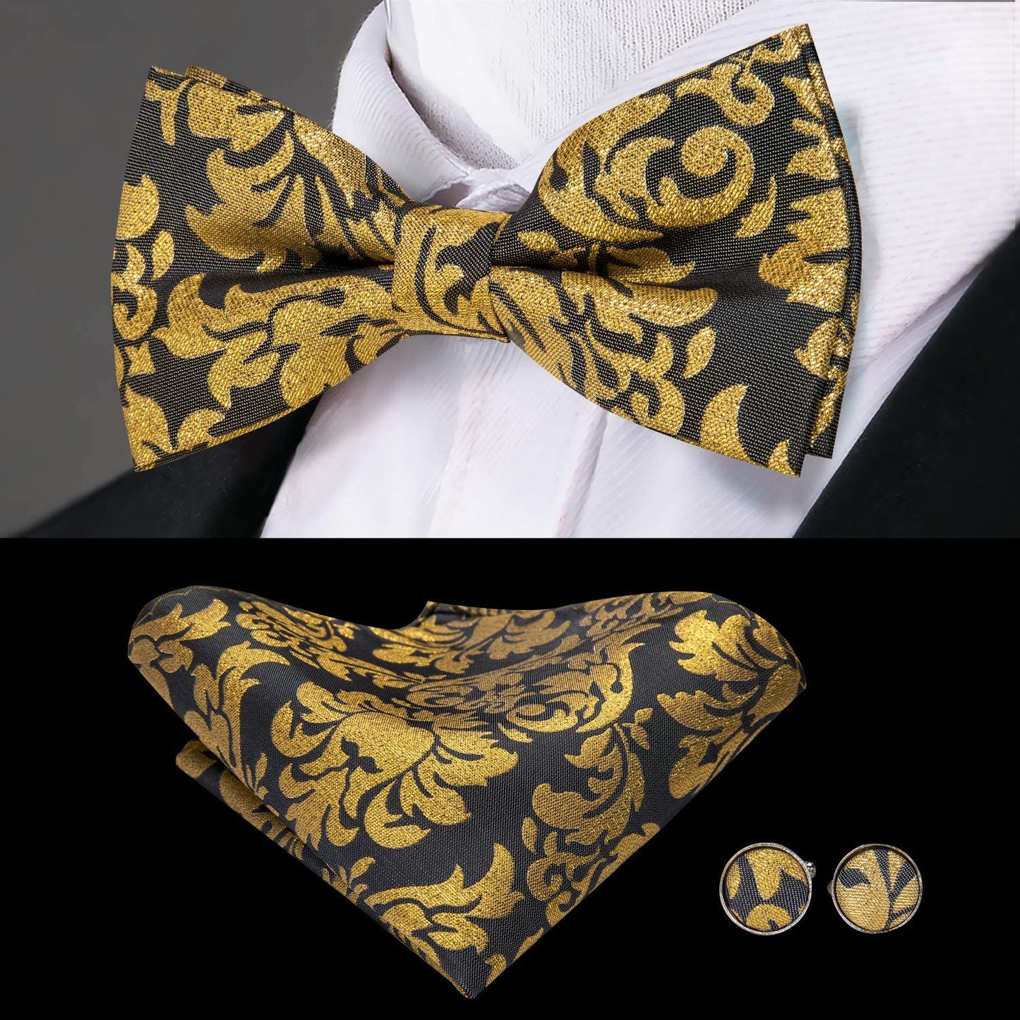 Mens Clips Suspenders and Pre Tied Bow Tie Set with Pocket Square Y Shape Adjustable Braces