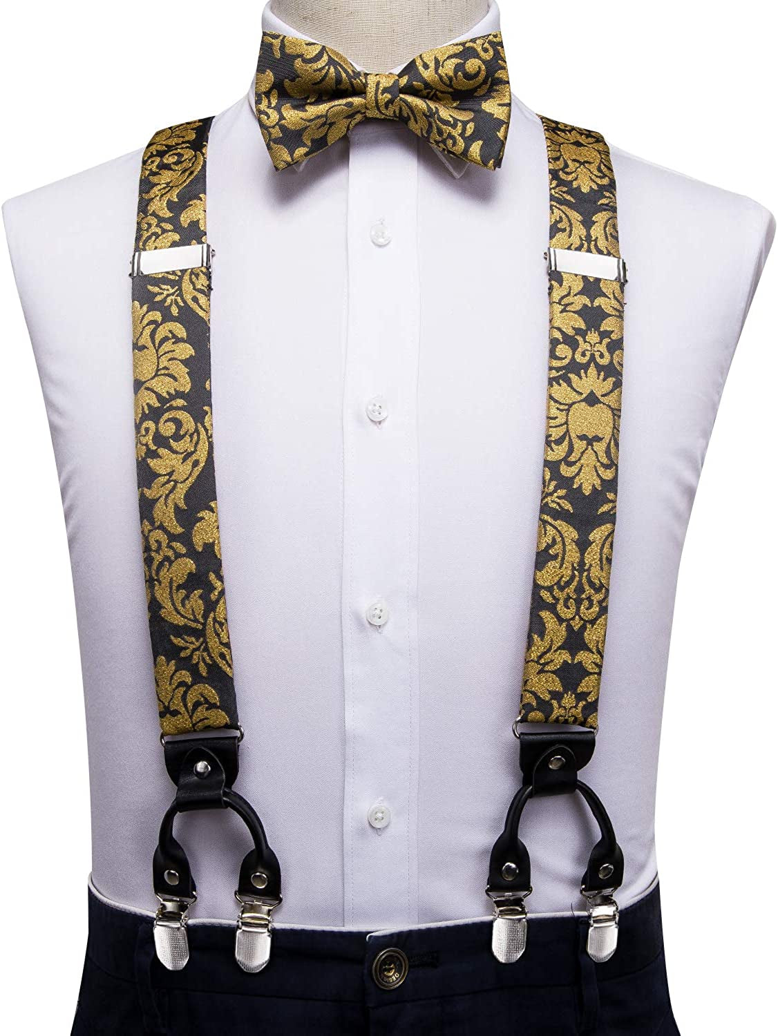 Mens Clips Suspenders and Pre Tied Bow Tie Set with Pocket Square Y Shape Adjustable Braces