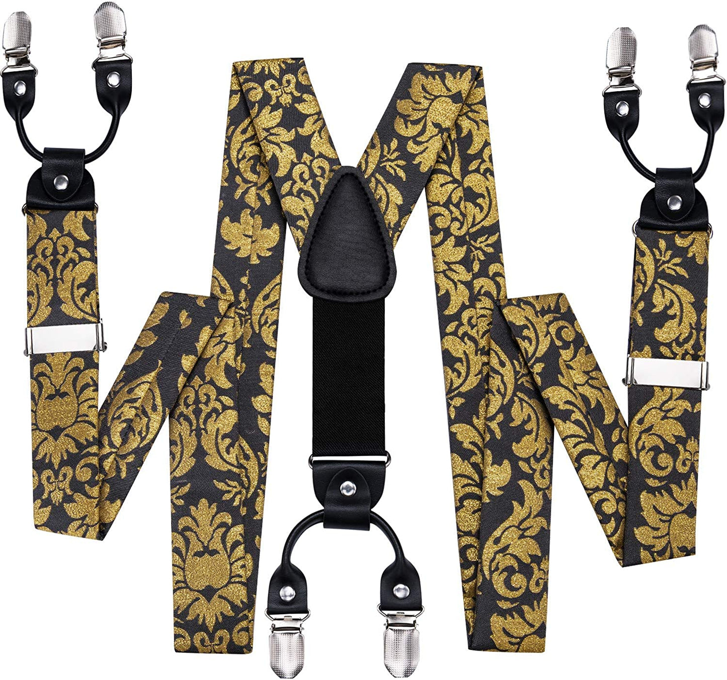Mens Clips Suspenders and Pre Tied Bow Tie Set with Pocket Square Y Shape Adjustable Braces