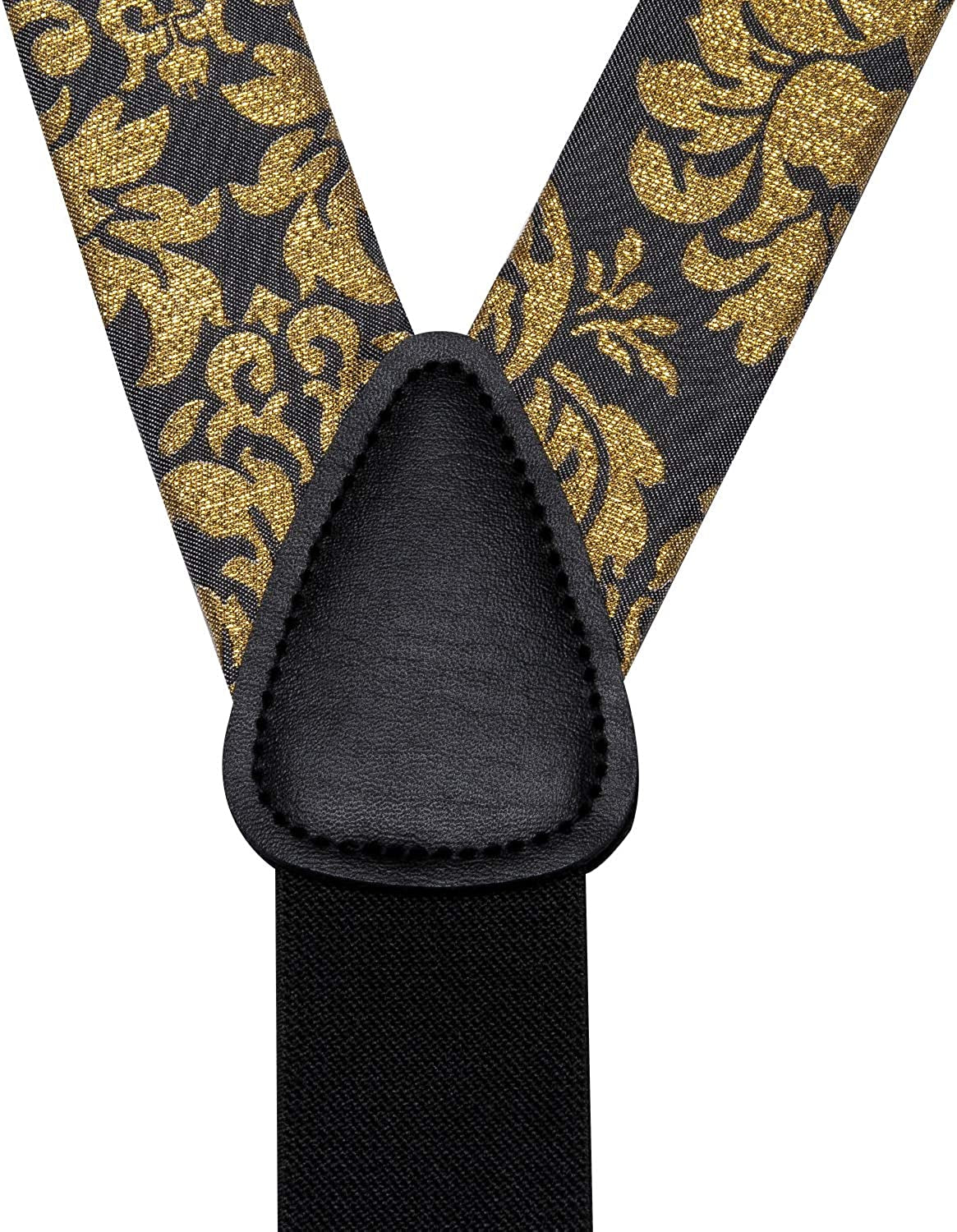 Mens Clips Suspenders and Pre Tied Bow Tie Set with Pocket Square Y Shape Adjustable Braces