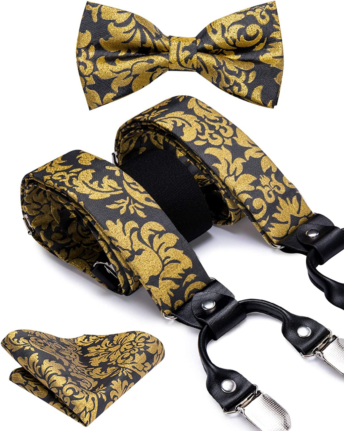 Mens Clips Suspenders and Pre Tied Bow Tie Set with Pocket Square Y Shape Adjustable Braces
