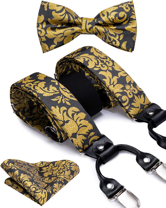 Mens Clips Suspenders and Pre Tied Bow Tie Set with Pocket Square Y Shape Adjustable Braces