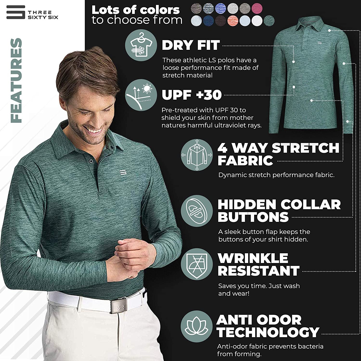 Men'S Dry Fit Long Sleeve Golf Shirt - Quick Dry Polo Shirts - UPF 30, Stretch Fabric