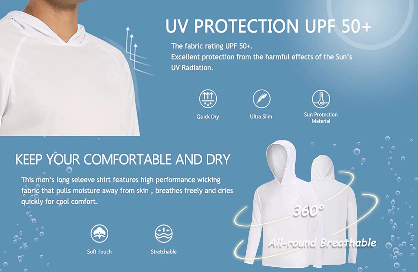 Men'S Sun Protection Long Sleeve T-Shirt UPF 50+ Performance Running Shirts with Hood