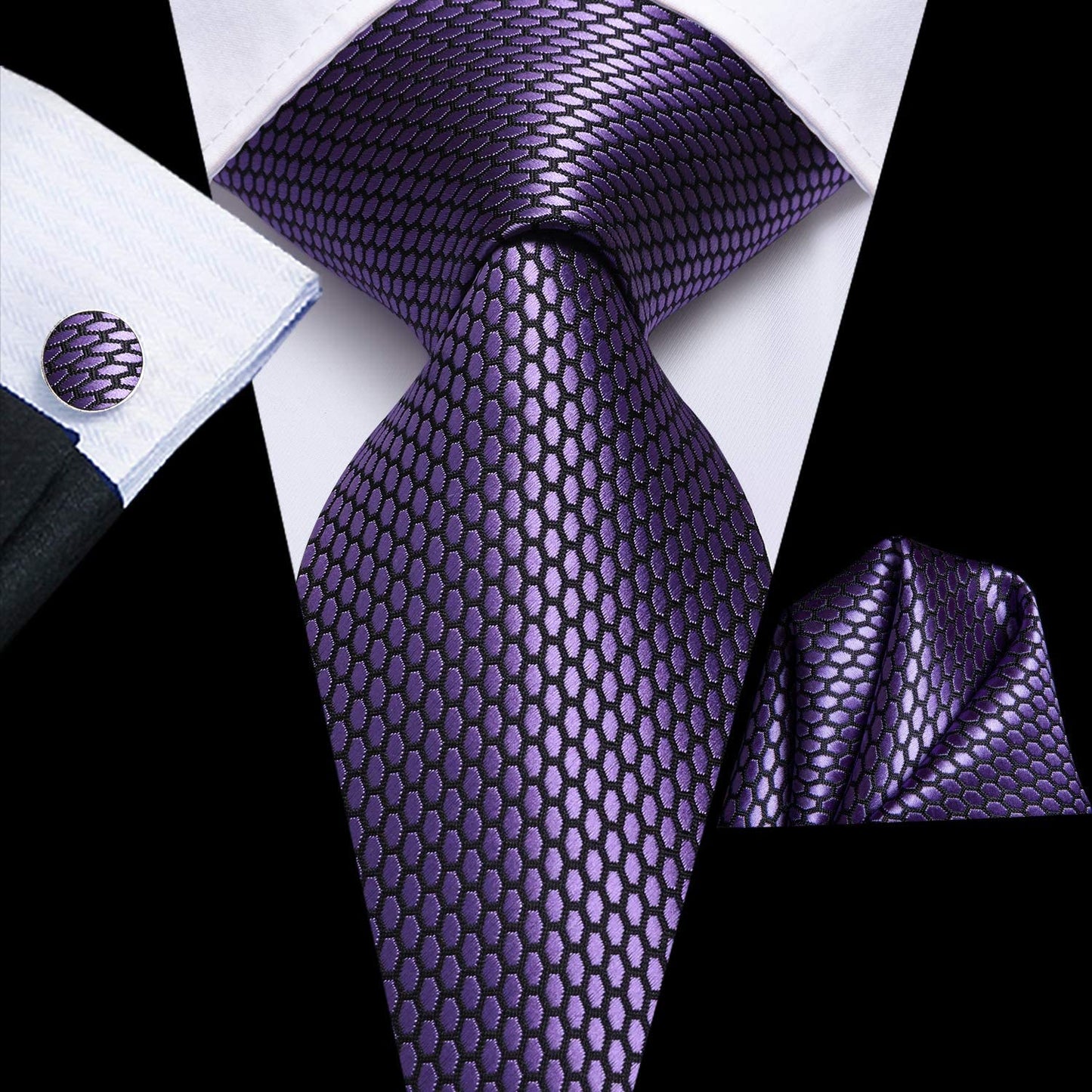 Mens Tie Set Solid Paisley Novelty Silk Necktie for Men with Cufflinks Tie and Pocket Square